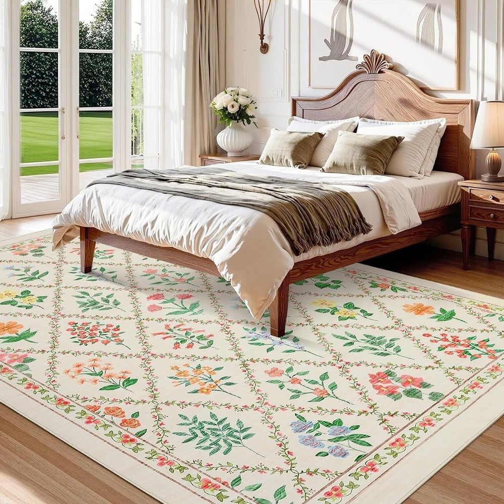 Vintage Floral Washbale Floor Cover Area Rug for Bedroom, Living Room, Beige - 1'6" x 2'6"