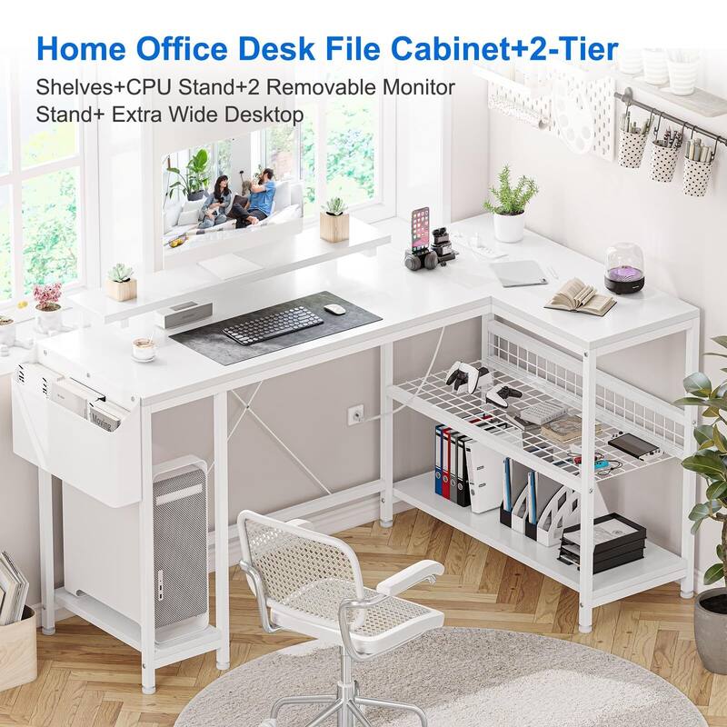 L Shaped Computer Desk with Power Outlets & LED Light, 49.6" Reversible Corner Computer Desk