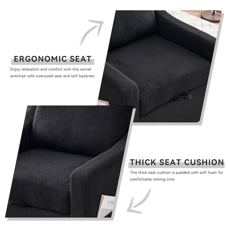 Teddy Upholstered Swivel Accent Chair, Single Sofa Chair with High Backrest, Lounge Armchair with Metal Base & Side Pocket