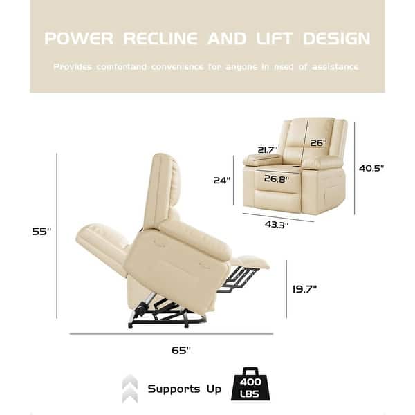 dimension image slide 0 of 9, Leather Power Lift Recliner with Heat & Massage, Pockets for Elderly