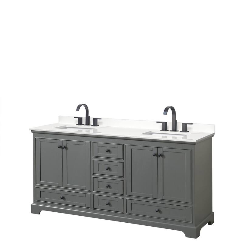 Deborah 72-inch Double Vanity, Quartz Top - Dark Gray, Black Trim, White Quartz Top