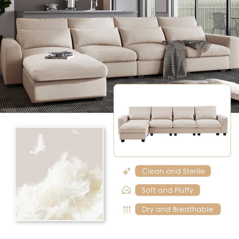 Modern L-shaped feather-filled sectional sofa with reversible chaise longue