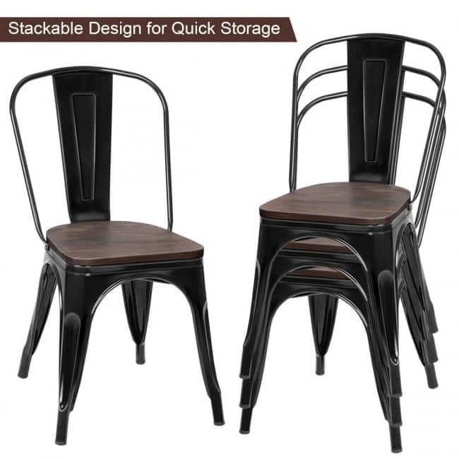 Set of 4 Stackable Metal Dining Chairs with 18-Inch Wood Seats - 17" x 21" x 33" (L x W x H)
