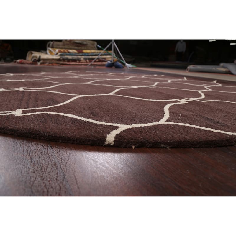 Trellis Brown Contemporary Oriental Area Rug Hand-tufted Wool Carpet - 8'0" x 8'0" Round