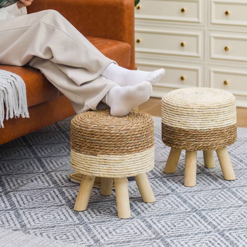 Adeco Set of 2 Ottomans Natural Cattail Hand Weave Round Foot Stool