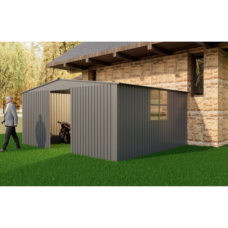 Outdoor Apex Roof Metal Storage Shed Firewood Shed with Integrated Punched Vents Garden Shed Tool Shed for Backyard - Grey