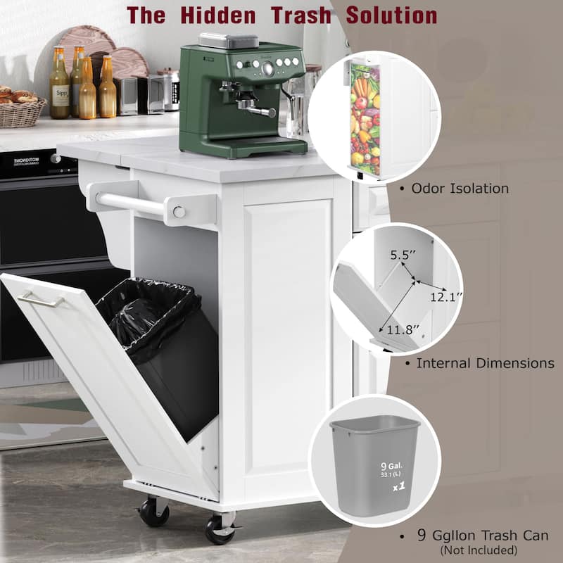 Vintage Rolling Kitchen Cart and Island with Drop Leaf, Tilt Trash Can Cabinet, 2 Drawers and 2-tier Pull-out Storage Organizer