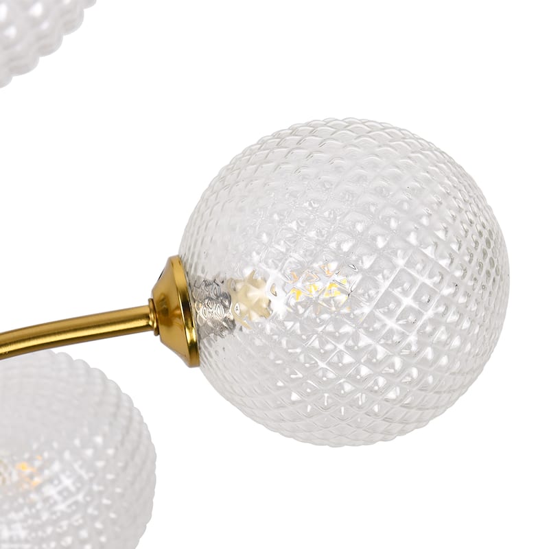 6 - Light Polished Brass Chandelier, Hand crafted Textured Glass Globes - Gold