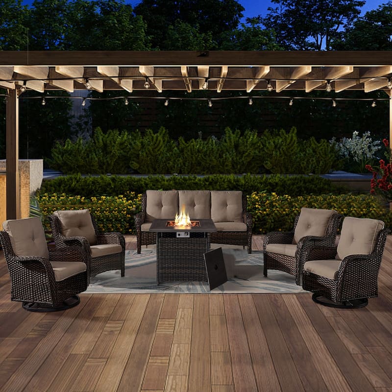 Gymojoy 6-Piece Outdoor Wicker Patio Furniture with Fire Pit Table, Rattan Coversation Set with Water Resistant Thick Cushions