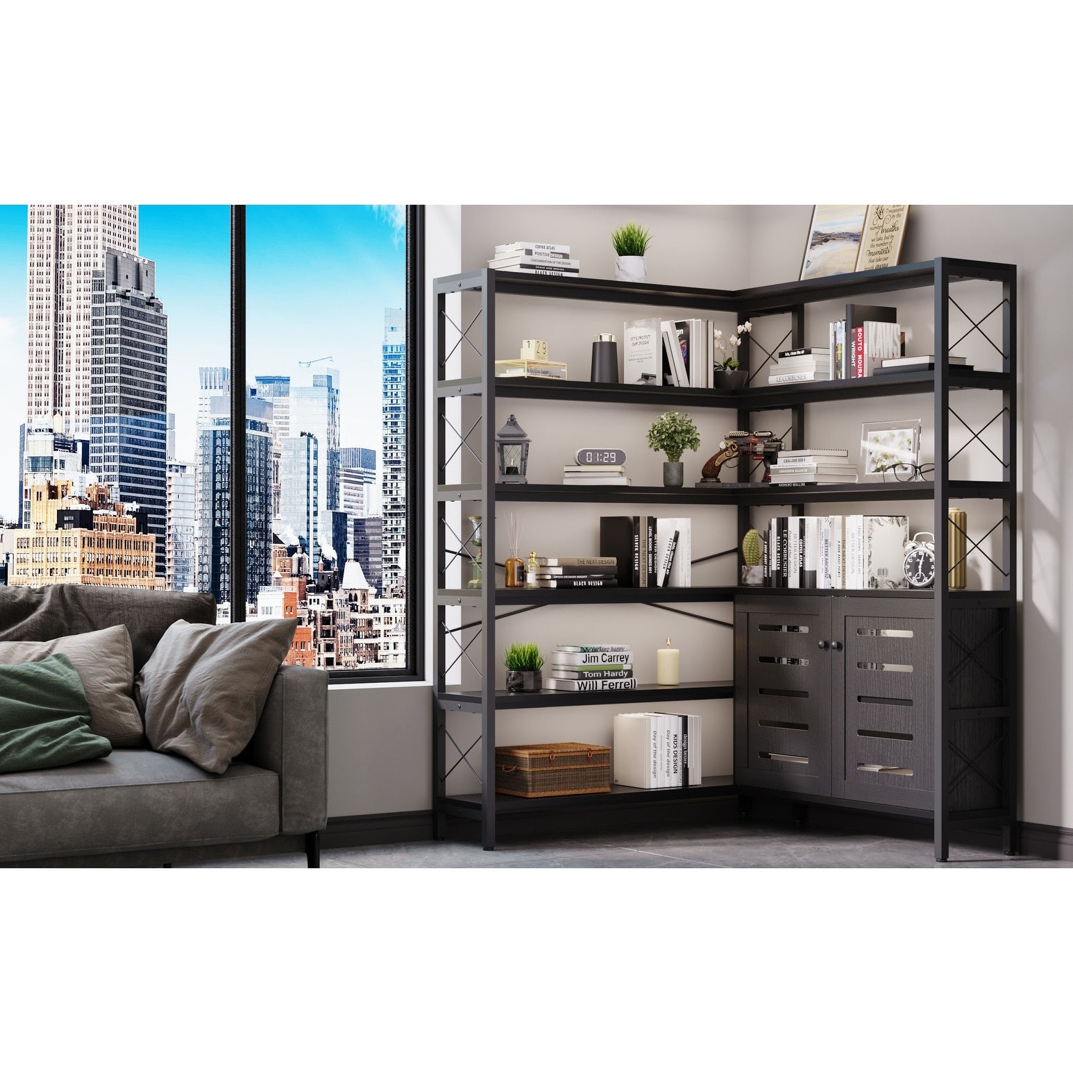 6-Shelf Corner Bookshelf, Vintage Industrial with Storage Cabinet