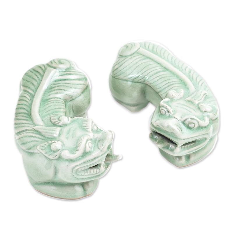 Novica Handmade Pi Xiu Celadon Ceramic Sculptures (Pair)