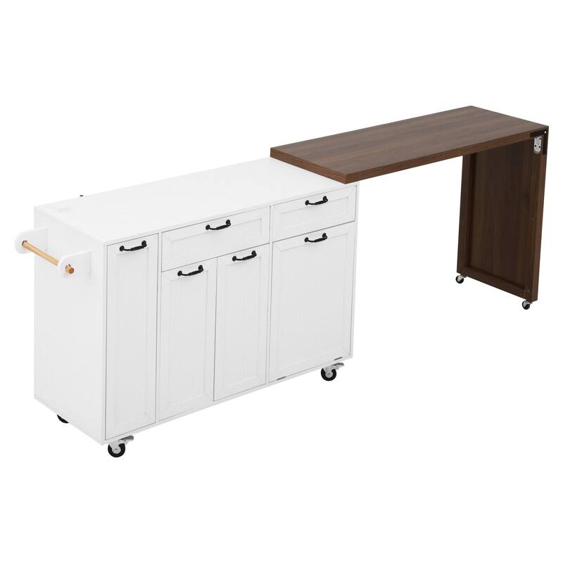 102.3" Kitchen Island with Extendable Table, Kitchen Rolling Island Cart with Trash Storage Cabinet, 3-Tier Pull-Out Spice Rack