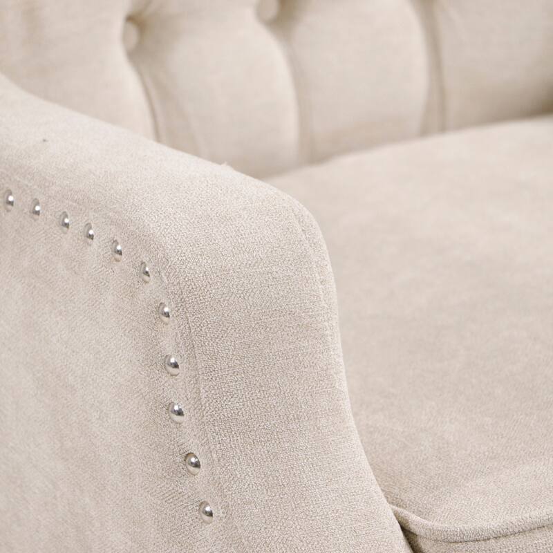 Linen Fabric Upholstered Accent Chair, Button Tufted Backrest Sofa Chair, Lounge Armchair with Rivet Decor & Solid Wood Legs