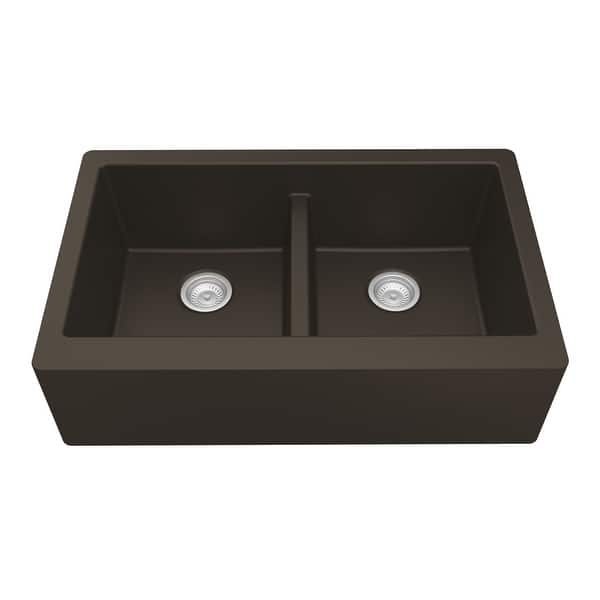 slide 2 of 58, Karran Farmhouse Apron Front Quartz Double Bowl Kitchen Sink Brown