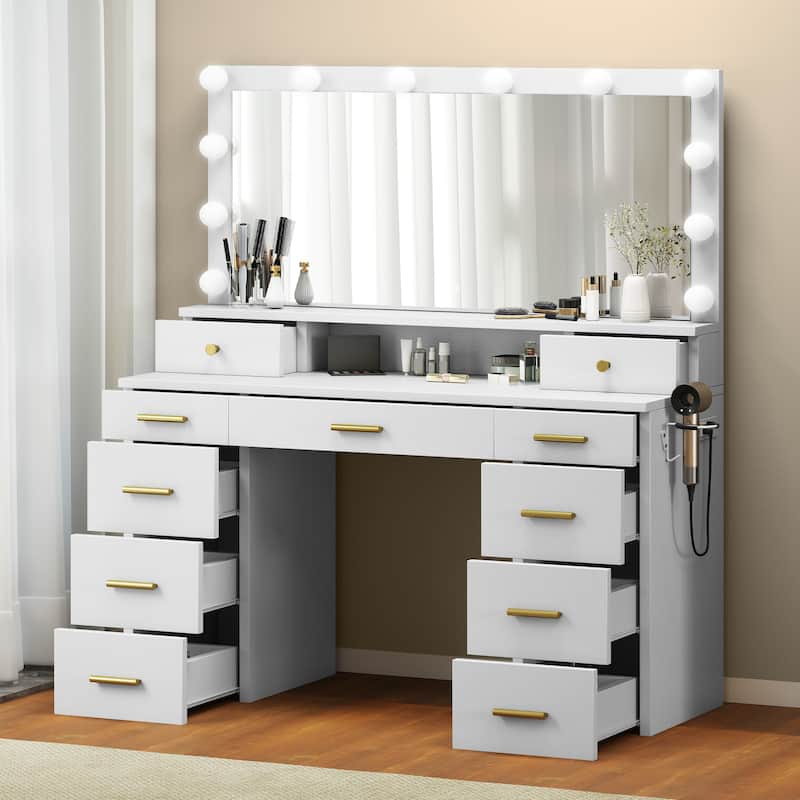 Moasis Large White Vanity Desk with 11 Drawers Mirror Lights USB and Type C Ports for Bedroom