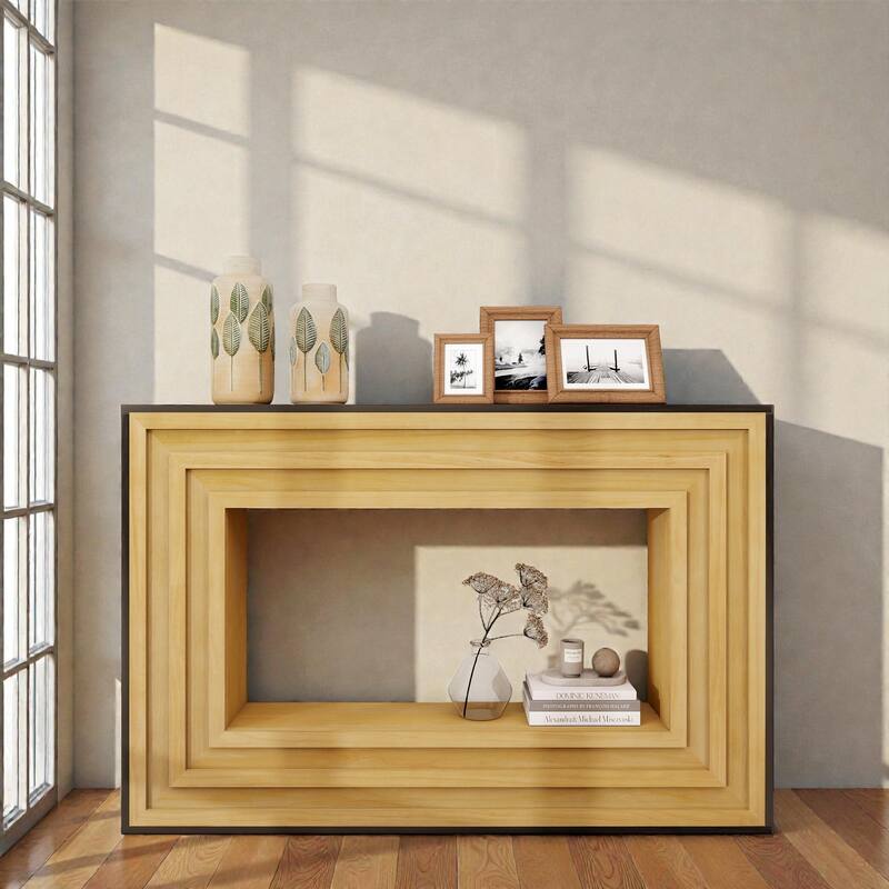 47" Modern Contrast Console Table with Layered Wood Frame and Black Top, Entryway Table for Hallway & Living Room