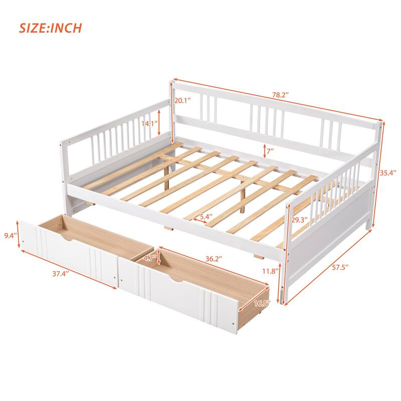 Full Size Daybed with Storage Drawers, Solid Pine Wood, for Bedroom or Living Room