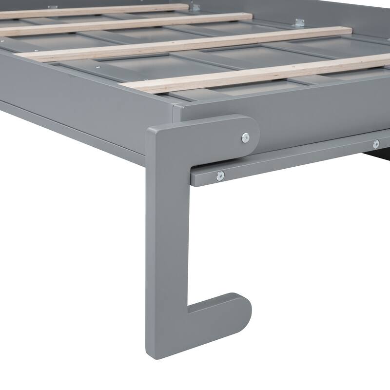 Queen Size Wall Bed with Storage Cabinets, Space-Saving Foldable Murphy Bed in Gray