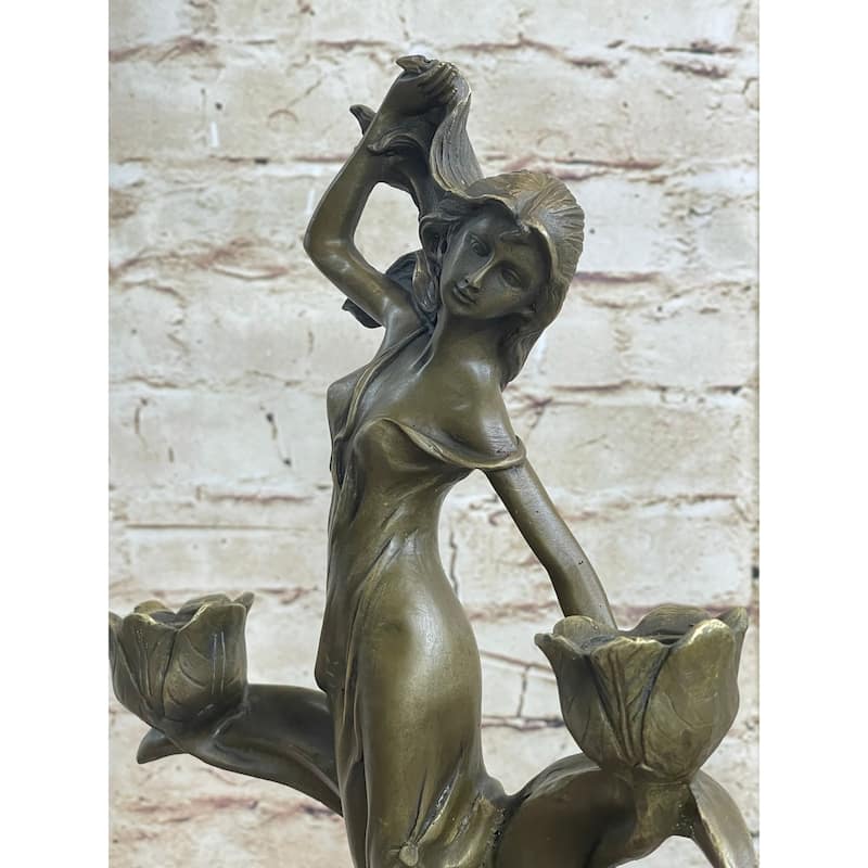 Art Nouveau Female Figure Bronze Candle Holder Candelabra Sculpture By Kin