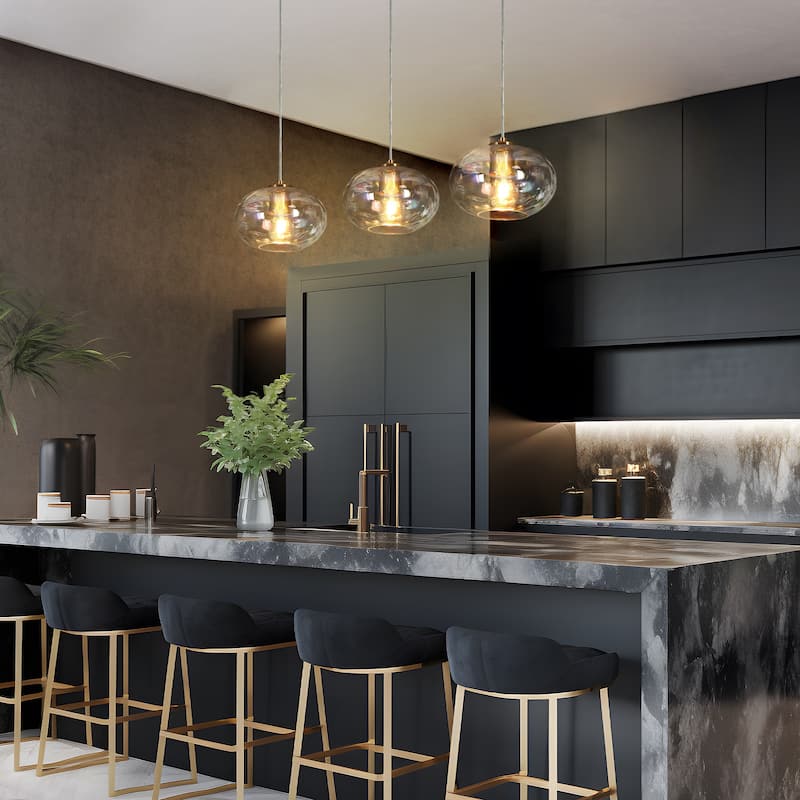 Modern 3-Light Gold Linear Chandelier Colored Ripple Glass Island Pendant Lights - W31.5" x H66" Max