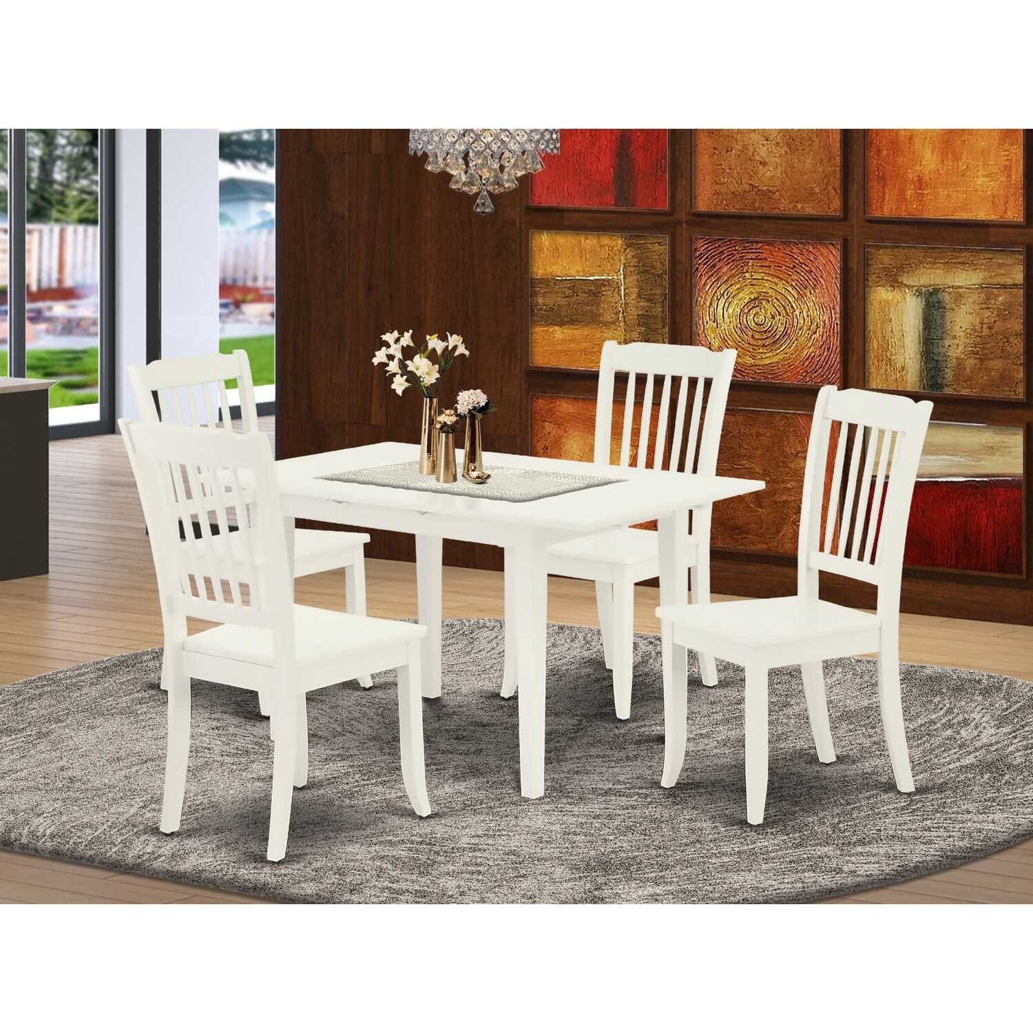 HomeStock 5-Pc Linen White Finish Solid Wood Top - Rectangular Dining Room Set with Butterfly Leaf - Seats 4