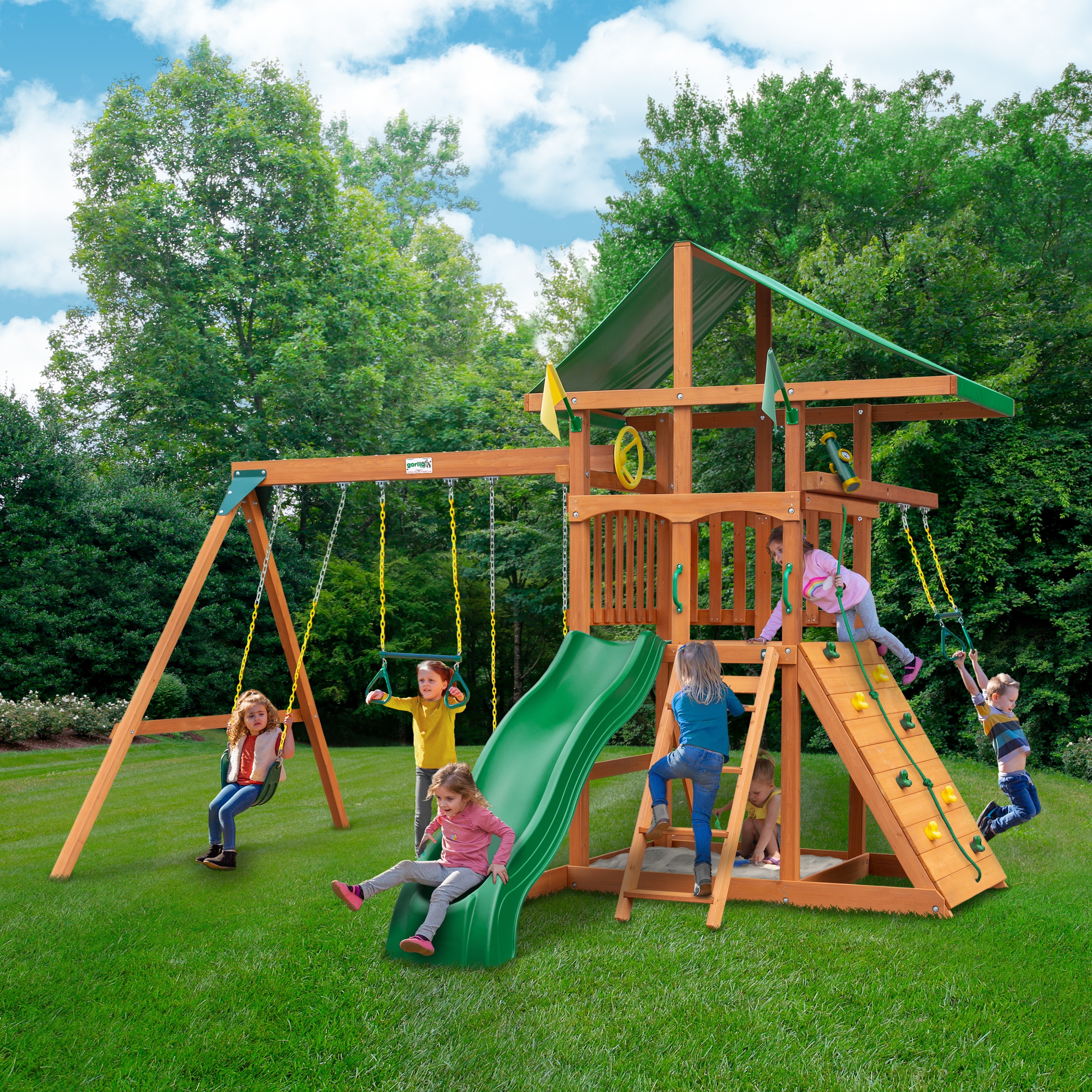 Gorilla Playsets Avalon Wood Outdoor Playground Swing Set with Trapeze Arm - Amber