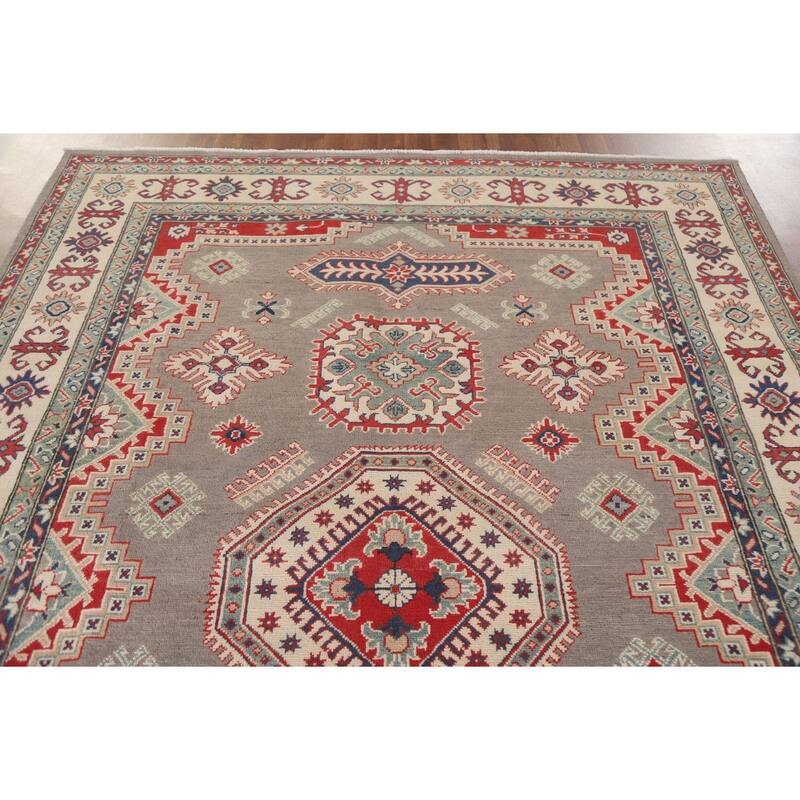 Hand Knotted Oriental 100% Wool Carpet Traditional Geometric Brown Kazak Area Rug - 9' 5'' X 6' 7''