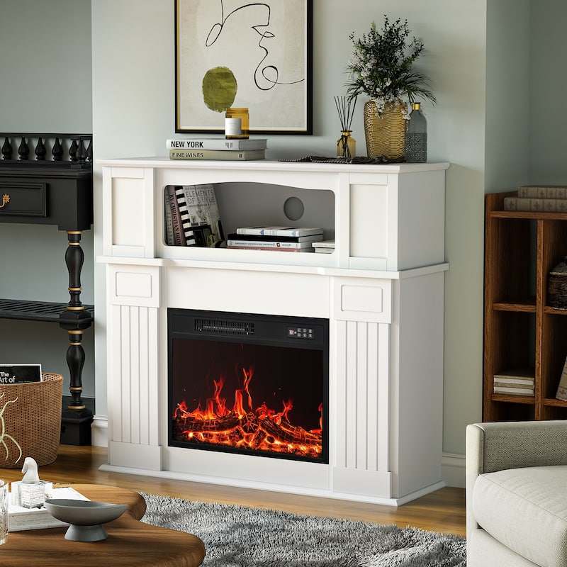 BOSSIN 43" Electric Fireplace with Mantel, 23 inch Electric Fireplace Insert,Freestanding TV Stand with Fireplace Wooden Firebox - 13.5"D x 43.3"W x 42.5"H - White