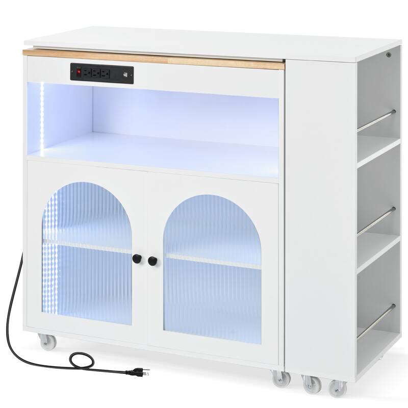 56.3" Rolling Kitchen Island with Extended Table,LED Lights,Power Outlets and Glass Doors