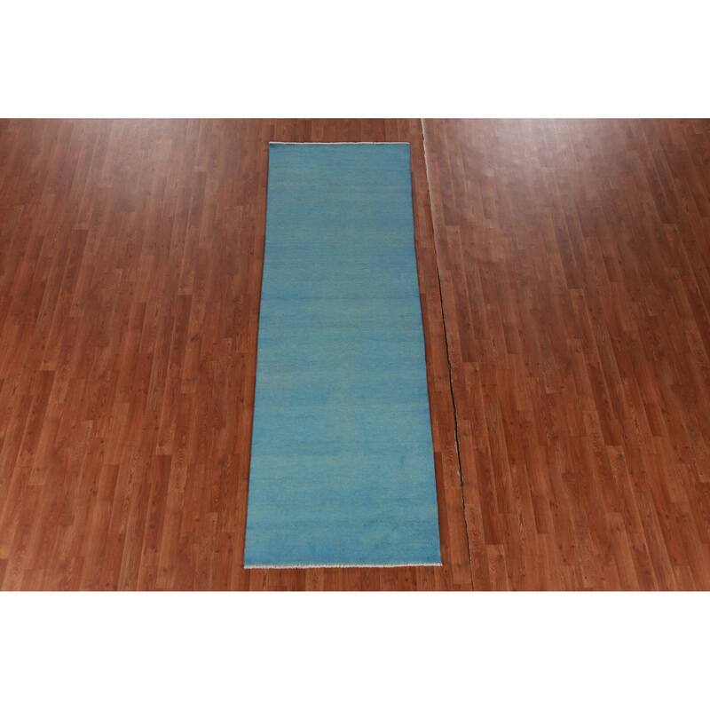Hand Knotted Oriental 100% Wool Carpet Modern Solid Navy Blue & Blues Gabbeh Runner Rug - 9' 3'' X 3' 0''