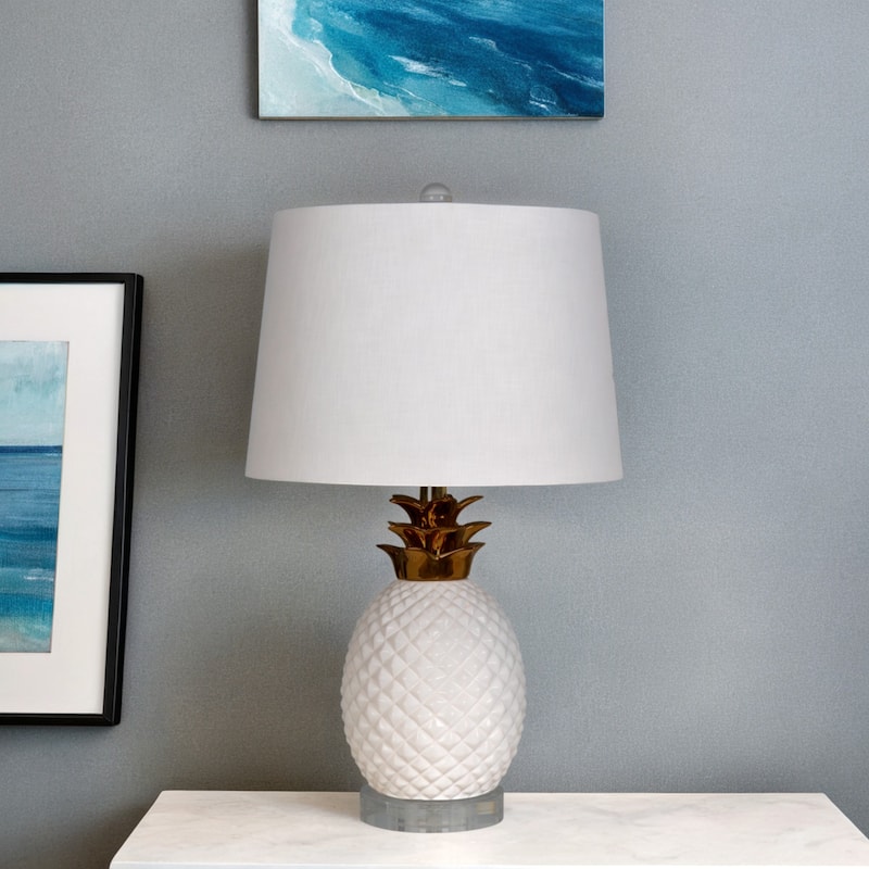 22" Pineapple Ceramic Table Lamp, White (Set of 2)