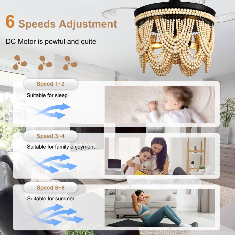 Bella Depot 42" Bohemian Retractable Ceiling Fan with Remote and Light 6-speed Reversible DC Motor