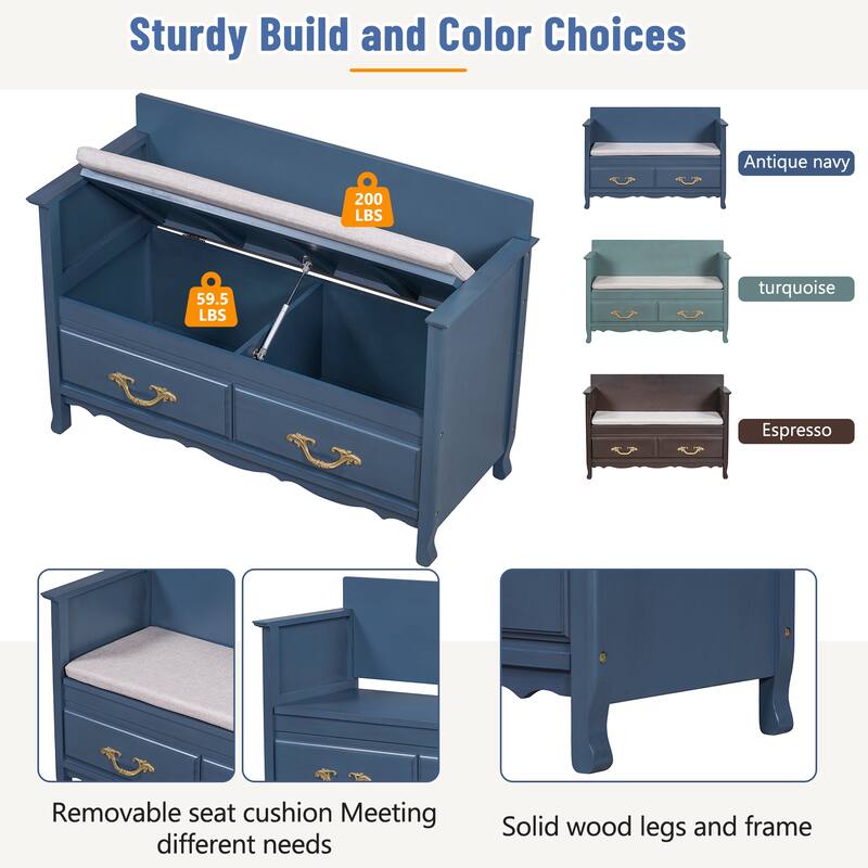 42 Inch Wide Storage Bench For Entryway Bench with Removable Cushion