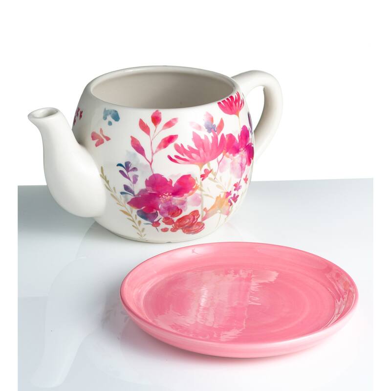 Floral Indoor/Outdoor Pink Ceramic Tea Pot Planter with Saucer