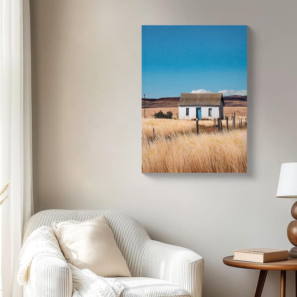 Farmhouse Canvas Wall Art, Framed White house Picture Rustic Countryside Farm Painting Print Vintage Country Flowers Scene