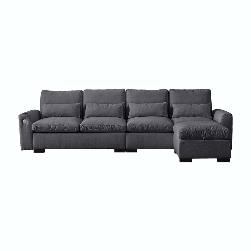 114.5"Modern L Shaped Chenille Sofa with Ottoman and USB Ports