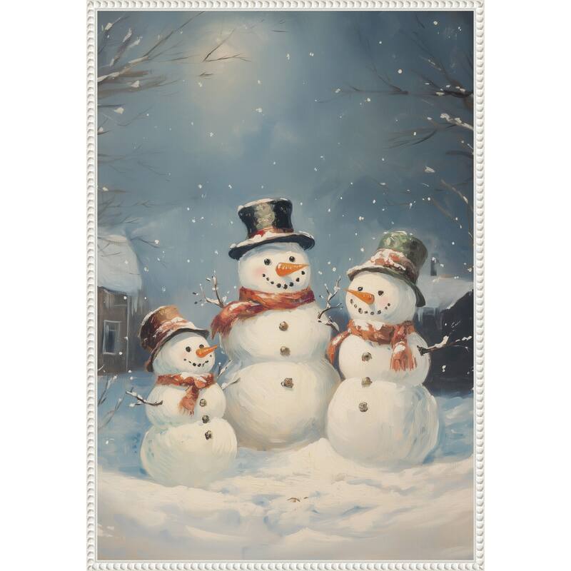 Snowman Family by Melloi Art Prints (23 x 33 in.), Framed Canvas Wall Art Print - Sylvie Beaded White