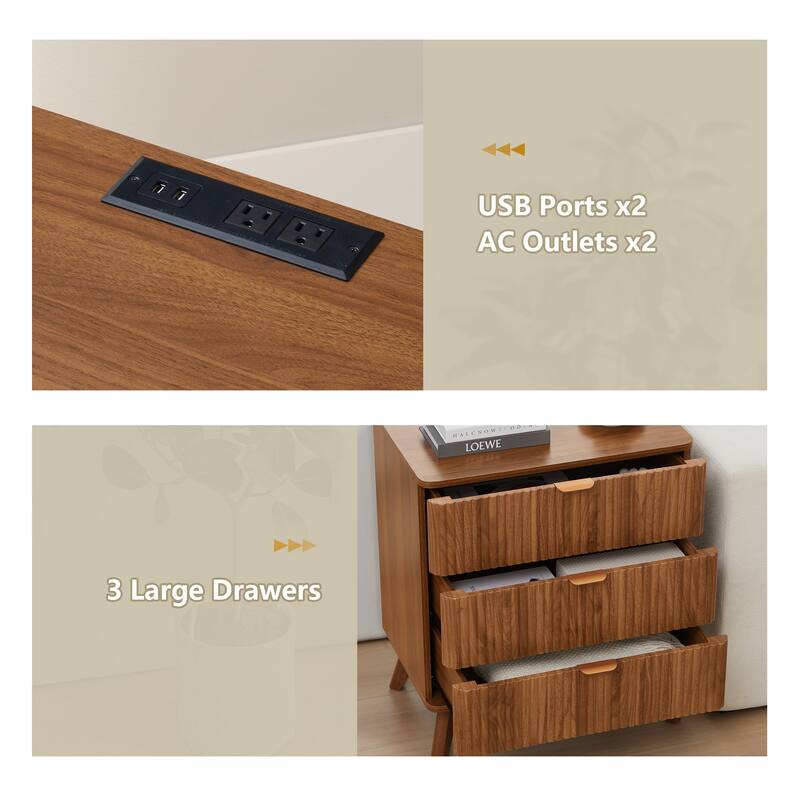 23.62in.W End Table 3-Drawer Nightstand with Charging Station
