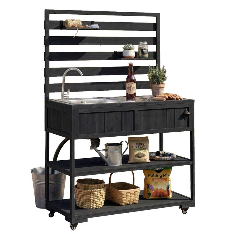 Roomfitters 41.7" Garden Potting Bench with Sink, Rolling Outdoor Potting Table, Bottle Opener, Storage Shelves, Hutch