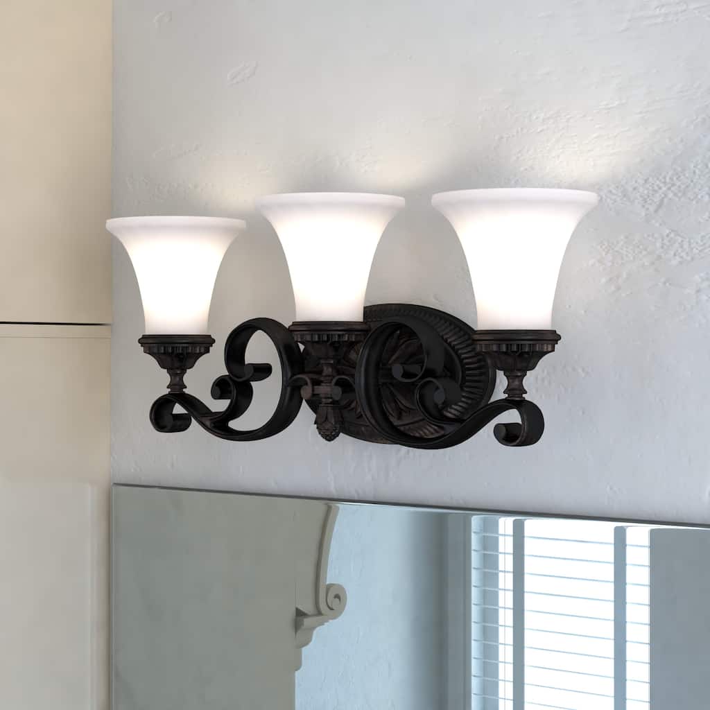 Avenant 3-Light 23 in. W Venetian Bronze Bathroom Vanity Lighting Fixture, Etched White Glass Shade, Dimmable Reversible Wall Lt
