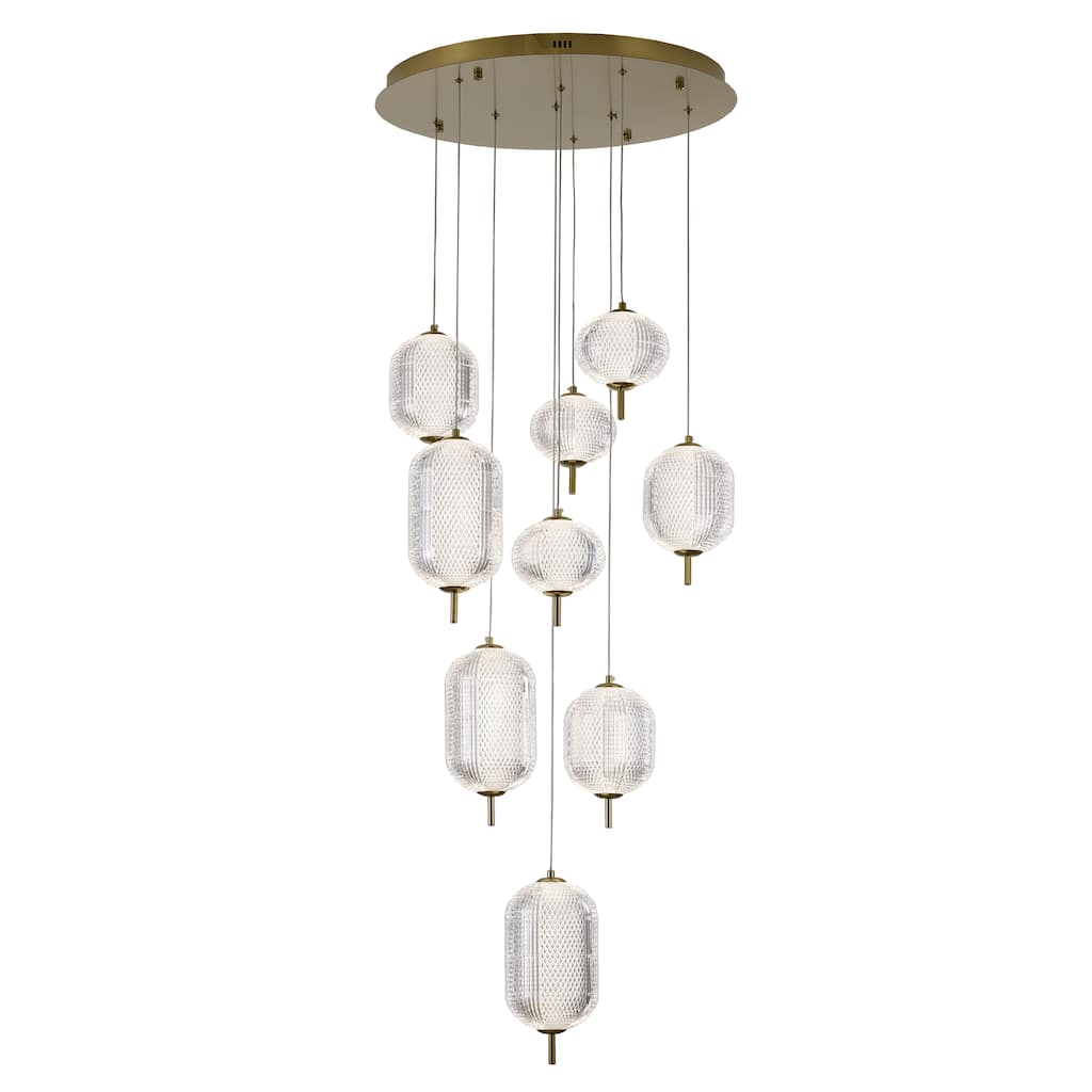 9-Light Flushed Brass Dimmable LED Chandelier With Hanging Clear PC shades