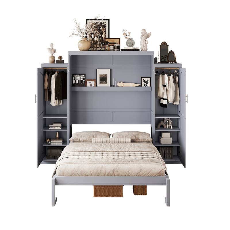 Multifunctional Queen Size Wooden Murphy Bed w/ 2 Wardrobe & Storage Shelf Foldable Wall Bedframe for Guest-Room, Bedroom