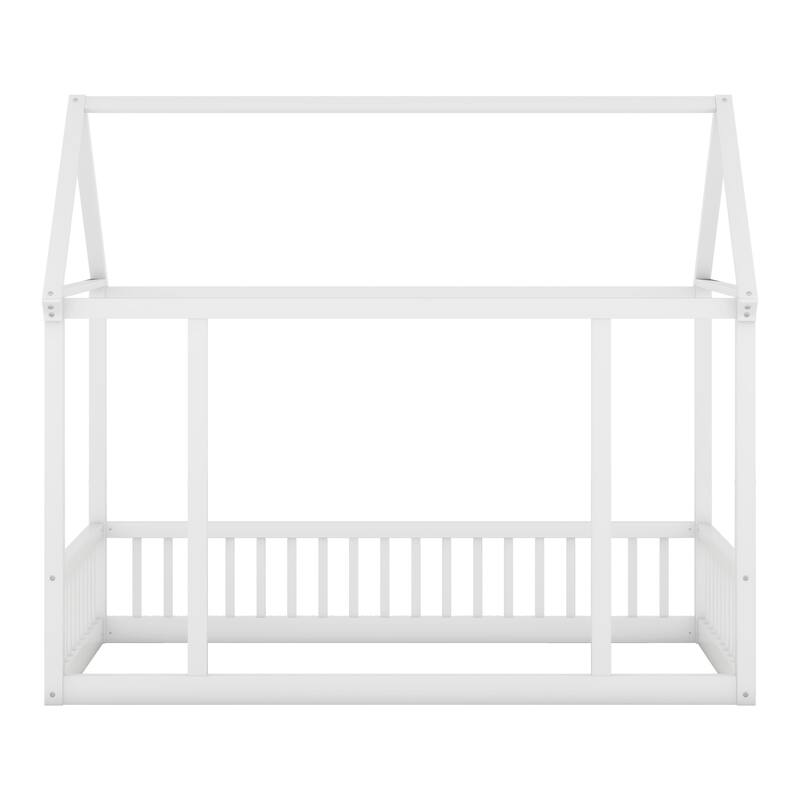 Twin/Full Size Floor Bed with Wooden House Roof Frame and Safety Guardrails for Children's Bedrooms, Small Space