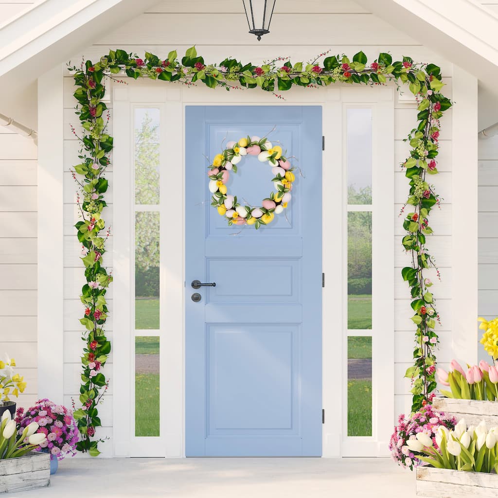 Easter Eggs and Flower Buds Artificial Wreath - 22" - Pink and Yellow - Unlit