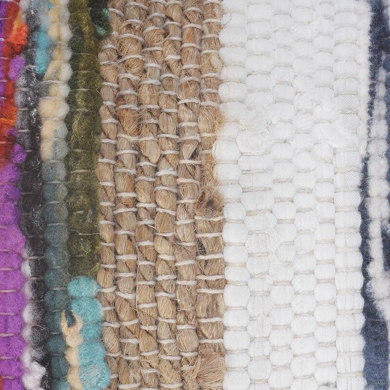 Sevita White and Multicolored Chindi with Natural Jute Striped Throw Pillow