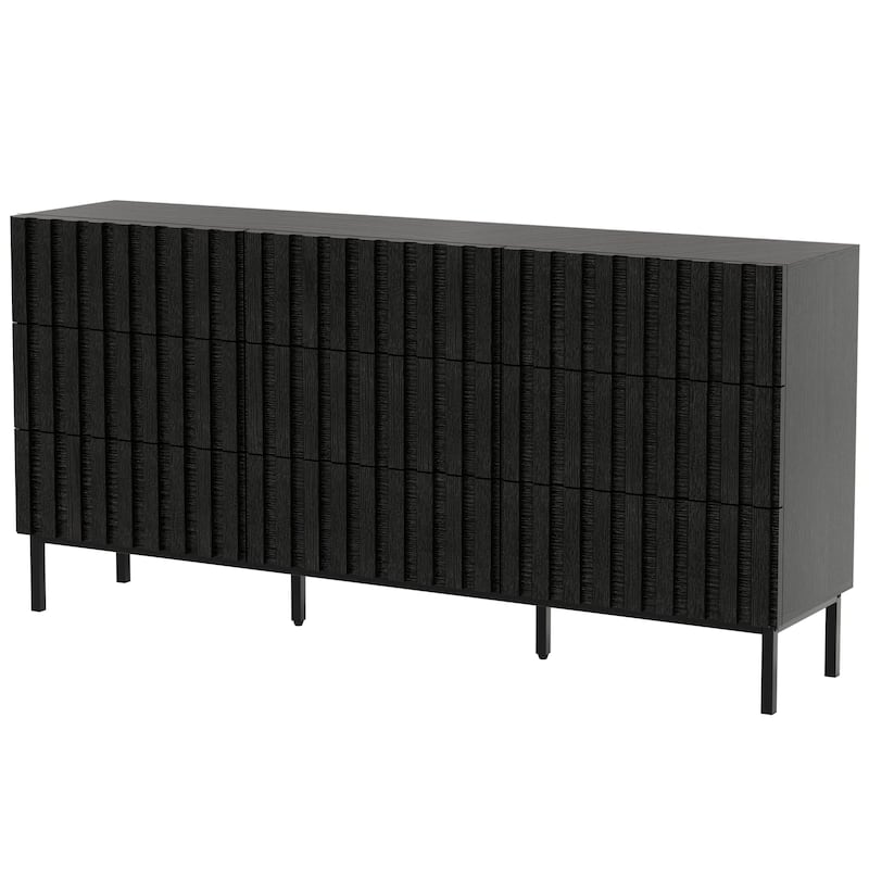 Fluted 9 Drawer Dresser 59" Wide Boho Chest of Drawers - Black