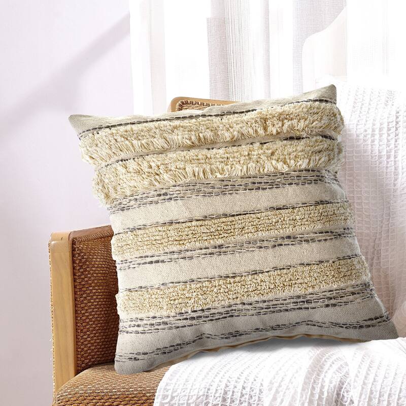 HomeRoots 20" X 20" Cream Gray And Gold 100% Cotton Striped Zippered Pillow