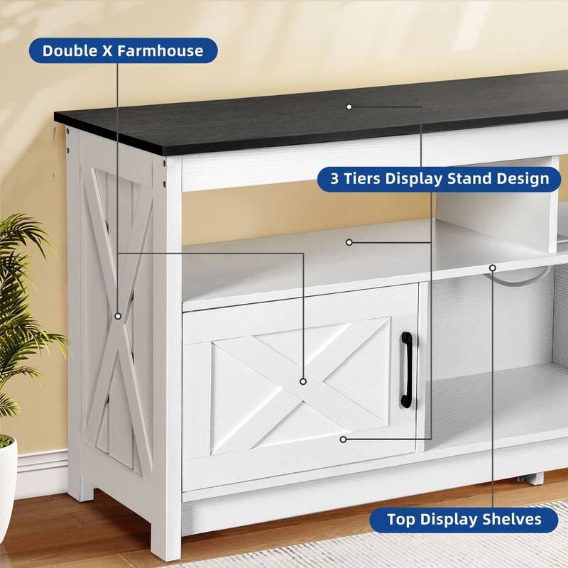 Moasis Farmhouse Barn Door Wood TV Stand with Power Outlet, Entertainment Center with Shelves for TV up to 65"