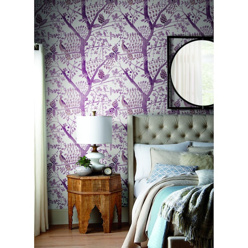 Edinburgh Purple Non-Woven Unpasted Bohemian Peacock Block Print Wallpaper Covers about 60.75 sq. ft.