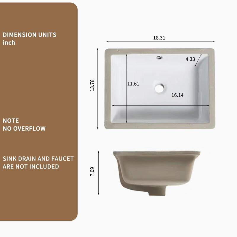 Undermount Bathroom Sink - White Rectangular Porcelain Ceramic Vessel Sink, Deep Basin with Overflow